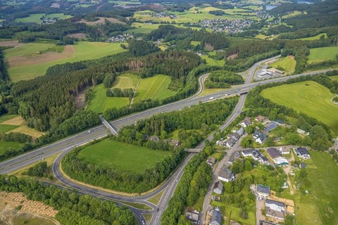 Aerial view, motorway junction Drolshagen, motorway A45 with petrol station and roundabout,
