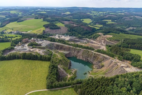 Aerial view, Robert Schulte Steinbruch und Basalt AG quarry in Scheda, Drolshagen, Sauerland, North