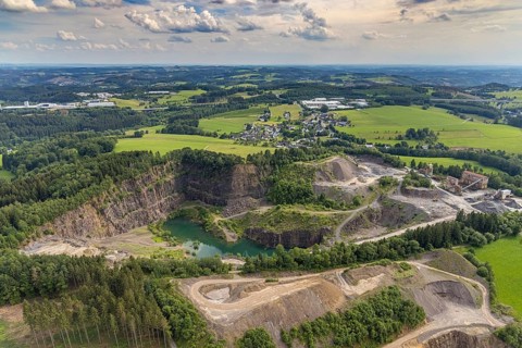 Aerial view, Basalt AG quarry in Scheda, Drolshagen, Sauerland, North Rhine-Westphalia, Germany,