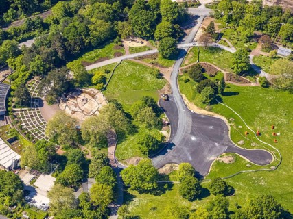 Aerial view, Westfalenpark administration, construction site, Ruhrallee, Dortmund, Ruhr area, North