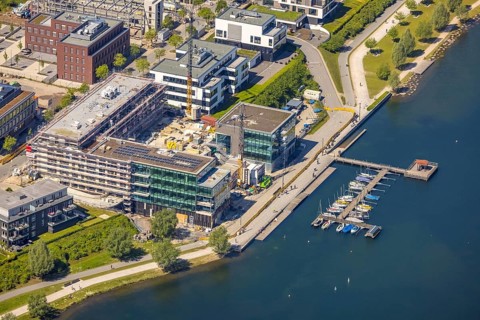 Aerial view, Phoenix Lake, boat landing stage, Hörde, Dortmund, Ruhr area, North Rhine-Westphalia,