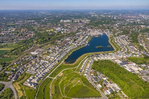 Aerial view, Phoenix Lake, Schüren, Dortmund, Ruhr area, North Rhine-Westphalia, Germany, DE,