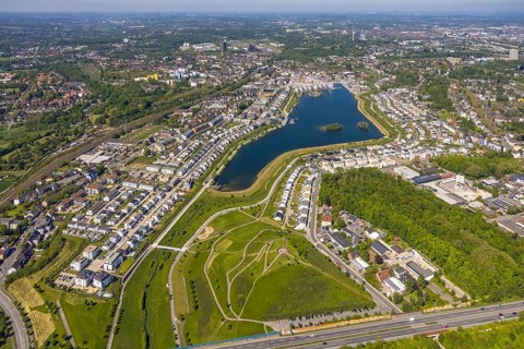Aerial view, Phoenix Lake, Schüren, Dortmund, Ruhr area, North Rhine-Westphalia, Germany, DE,