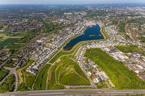 Aerial view, Phoenix Lake, Schüren, Dortmund, Ruhr area, North Rhine-Westphalia, Germany, DE,