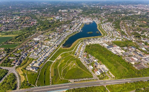 Aerial view, Phoenix Lake, Schüren, Dortmund, Ruhr area, North Rhine-Westphalia, Germany, DE,