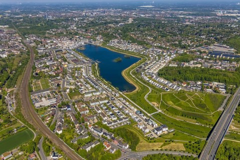 Aerial view, Phoenix Lake, Berghofen, Dortmund, Ruhr area, North Rhine-Westphalia, Germany, DE,