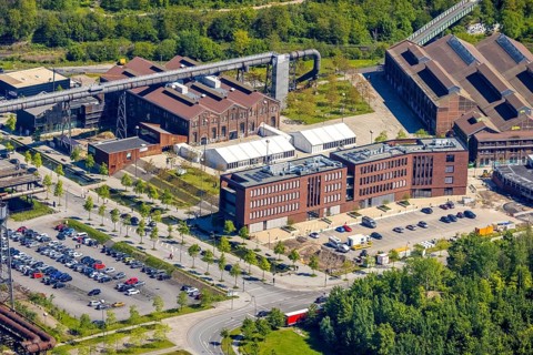 Aerial view, Phoenix-West industrial estate and local recreation area, Corona rapid test centre in