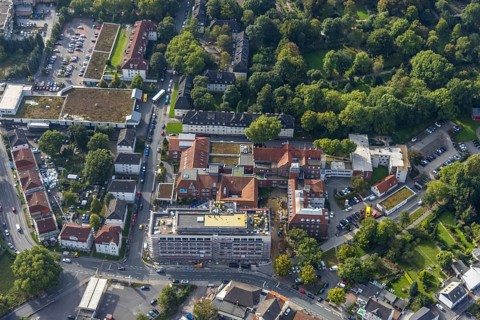 Aerial view, construction site and new building Lukas Deluxe at the catholic hospital Dortmund-West