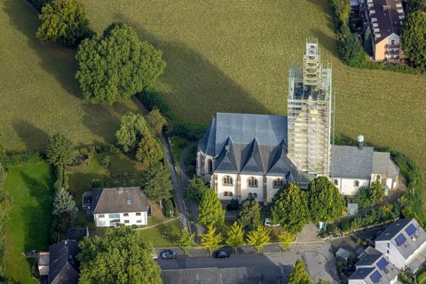 Aerial view, renovation work on the steeple of St. Josef's Catholic Church in the Kirchlinde