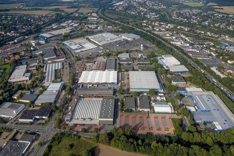 Aerial view, Indupark commercial area with the IKEA store in the district Oespel in Dortmund, Ruhr