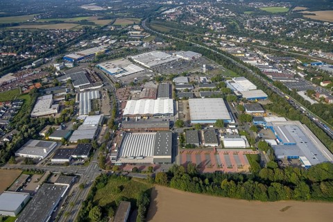 Aerial view, Indupark commercial area with the IKEA store in the district Oespel in Dortmund, Ruhr