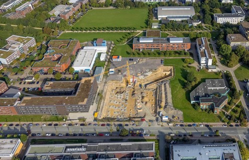 Aerial view, construction site for new refrigeration plant in Dortmund Technology Park on
