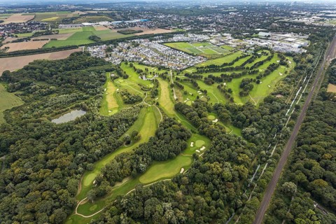 Aerial view, Royal Saint Barbara's Dortmund Golf Club and single-family house housing estate
