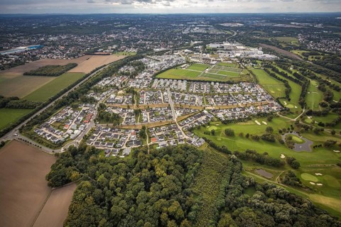 Aerial view, single-family house, housing estate Brackeler Feld and BVB Borussia Dortmund training
