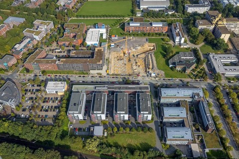 Aerial view, construction site for new refrigeration plant in Dortmund Technology Park on