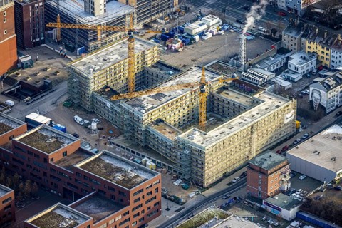 Aerial view, Dortmunder U New home for students, construction site and new construction of a