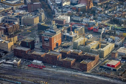 Aerial view, Dortmunder U New home for students, construction site and new construction of a