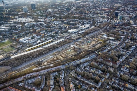 Aerial view, construction site Kronprinzenviertel for new construction of residential units Am