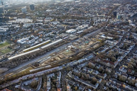 Aerial view, construction site Kronprinzenviertel for new construction of residential units Am