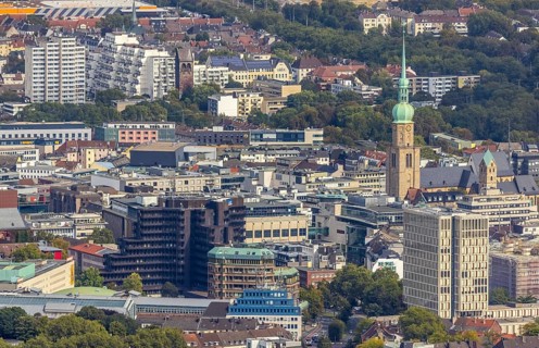 City centre view with Ev. Stadtkirche St Marien and St. Reinoldikirche in the district City in