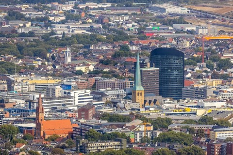 View of the city centre with the Church of Our Lady of the Holy Sepulchre, the Protestant Church of