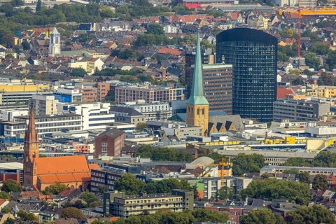 View of the city centre with the Church of Our Lady of the Holy Sepulchre, the Protestant Church of