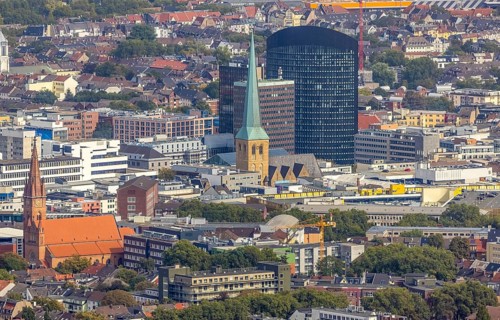 View of the city centre with the Church of Our Lady of the Holy Sepulchre, the Protestant Church of