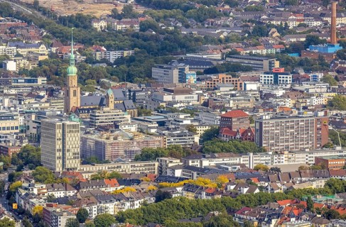 City centre view with St. Marien Evangelical Church and St. Reinoldi Church in the City district in