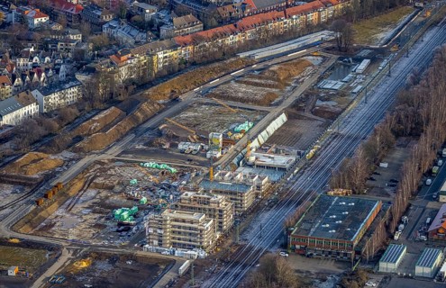 Aerial view, construction site Kronprinzenviertel for new construction of flats Am Wasserturm