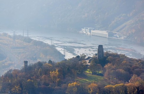 Aerial view, autumnal forest at Hohensyburg with Kaiser-Wilhelm monument and Vincketurm as well as