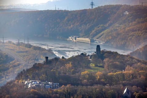 Aerial view, autumnal forest at Hohensyburg with Kaiser-Wilhelm monument and Vincketurm as well as