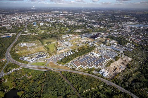 Phönix-West area and Hoesch-Gasometer with the Phoenix Lake in the background as well as Wilo Park,