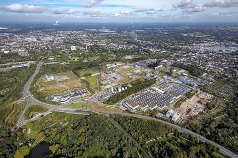 Phönix-West area and Hoesch-Gasometer with the Phoenix Lake in the background as well as Wilo Park,