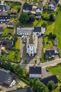 Aerial view, catholic church St. Antonius Einsiedler, Iseringhausen, Drolshagen, Sauerland, North
