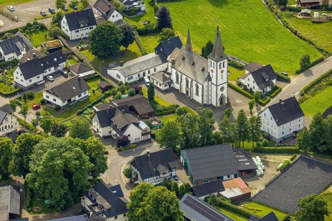 Aerial view, catholic church St. Antonius Einsiedler, Iseringhausen, Drolshagen, Sauerland, North