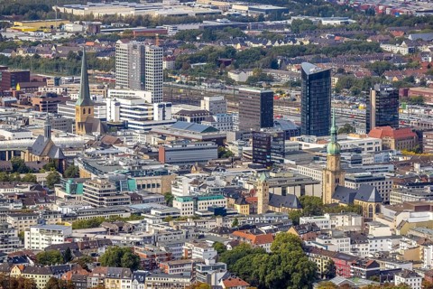 View of the city centre with St. Marien Protestant Church, St. Reinoldi Church, IWO Tower, RWE