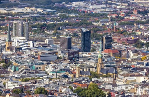 View of the city centre with St. Marien Protestant Church, St. Reinoldi Church, IWO Tower, RWE