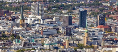 View of the city centre with St. Marien Protestant Church, St. Reinoldi Church, IWO Tower, RWE