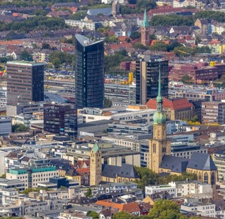 City centre view with protestant church St Marien, St. Reinoldikirche, IWO Hochhaus, RWE Tower and