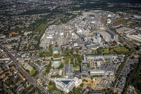 Aerial view, Henkel AG chemical plant with the triangular building Henkel Z55 Adhesive Innovation
