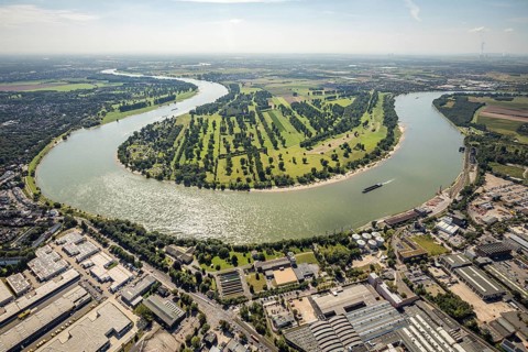 Aerial view, river Rhine Rhine bend with meadows and fields Zonser Grind and camping site