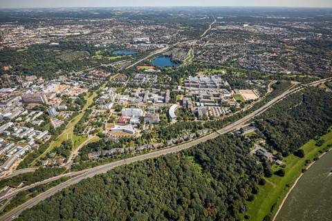 Aerial view, Heinrich-Heine-University in the district Bilk in Düsseldorf, Rhineland, North