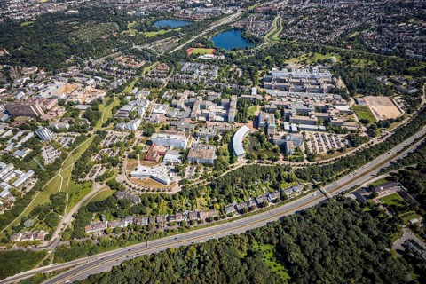 Aerial view, Heinrich-Heine-University in the district Bilk in Düsseldorf, Rhineland, North