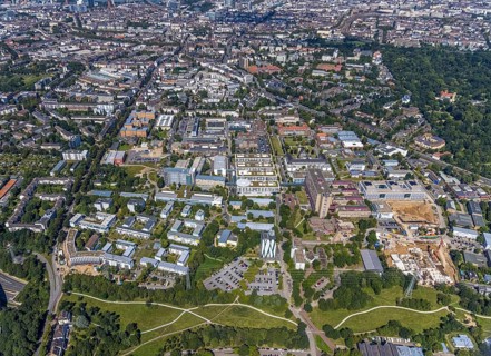 Aerial view, construction site and new building at the University Hospital Düsseldorf in the