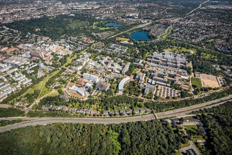 Aerial view, Heinrich-Heine-University in the district Bilk in Düsseldorf, Rhineland, North