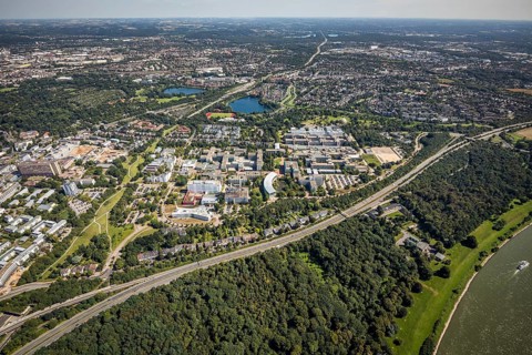 Aerial view, Heinrich-Heine-University in the district Bilk in Düsseldorf, Rhineland, North