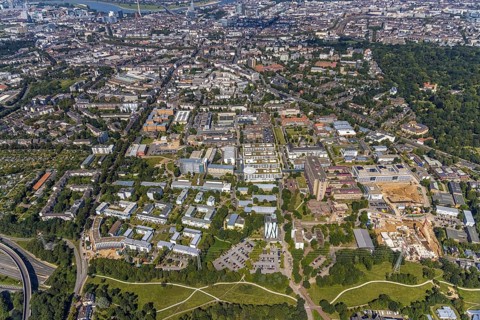 Aerial view, construction site and new building at the University Hospital Düsseldorf in the