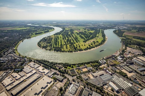 Aerial view, river Rhine Rhine bend with meadows and fields Zonser Grind and camping site