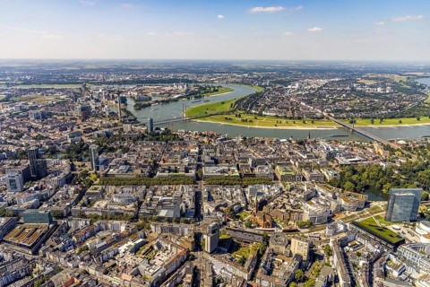 Aerial view, Düsseldorfer Kö Königsallee shopping district and St. John's Church and Media Harbour