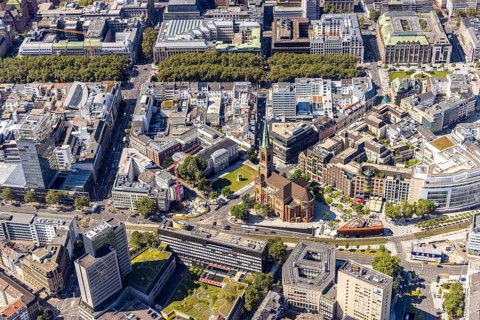 Aerial view, Düsseldorf Kö Königsallee shopping district and St. John's Church with